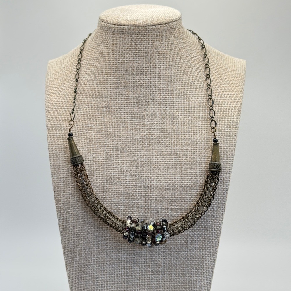 Boho‎ Statement Necklace Bronze Chain Metal Mesh Crystal Beads Adjustable